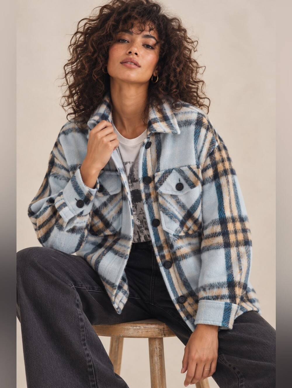 SEBBY HEAVYWEIGHT PLAID OVERSIZED JACKET SHACKET COAT SIZE XS/S LINED BLUE CAMEL